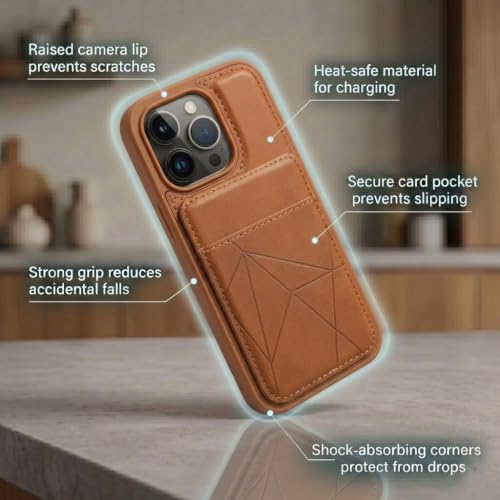 Image of amazon basics Premium Vegan Leather Back Cover with Card Holder and Integrated Mobile Stand for iPhone 14 Pro - Slim Shockproof Wallet Case with Geometric Stitching [Tan]