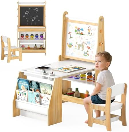 HONEY JOY Kids Art Table and Chair Set, Wooden Arts and Crafts Ac...