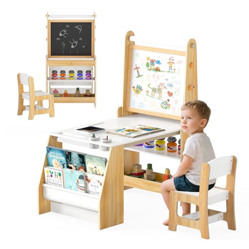 HONEY JOY Kids Art Table and Chair Set, Wooden Arts and Crafts Ac...