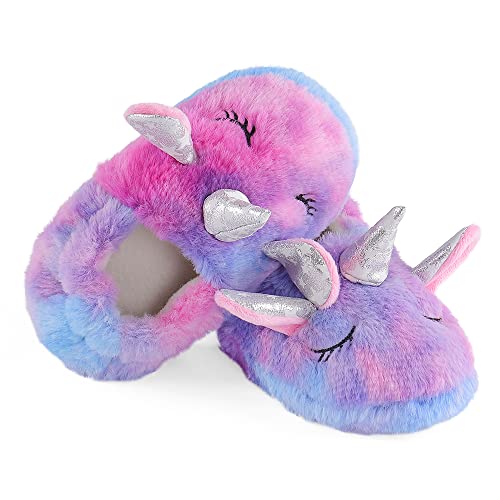 KAKU NANU Toddler Rainbow Slippers Cute Fluffy Slipper Animal House Shoes for Girls Boys (Colorful,11-12 Little Kids)