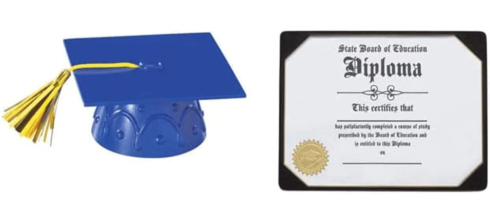 Plastic Graduation Cap Cake Topper with Graduation Diploma Layon (Blue)