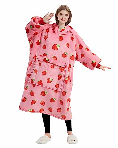Image of KFUBUO Wearable Blanket Hoodie for Adults With Pocket Strawberry Extra Long | Sherpa, Fuzzy Blanket Hoodie, Oversized Sweatshirt Blanket, Kangaroo Pouch, Cute Birthday Gifts for Women, Cute Stuff