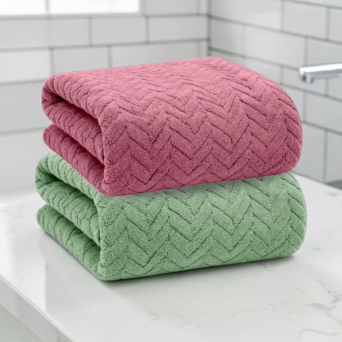MAXOSHINE Microfiber Towels for Bath-Soft Coral Fleece Towel with Hook Quick Dry Super Absorbent-Bath Towel for Men and Women-70 x 140 cm (Pista Green + Pink)