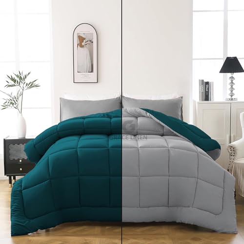 Image of 600 GSM Heavy Winter Comforter King Size 92 inchX106 inch - 600 GSM Winter Blanket Comforter /Rajai /Duvet Microfiber Super Soft Fluffy King Size - Teal /Silver Grey Color