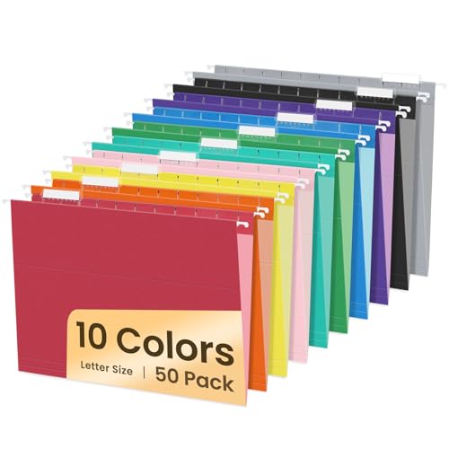 SUNEE Hanging File Folders, 50 Pack Letter Size Hanging File folders with 1/5-cut Tabs, Stay Organized for Your Home and Office Bulk File, Documents and Paper,10 Assorted Colors
