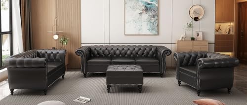 AVZEAR Leather Sofa 3 Seater Couch, Large Sofa Furniture Roll Arm Classic Tufted Chesterfield Settee Leather Sofa with Channel Tufted Seat Back for Living Room, Black PU