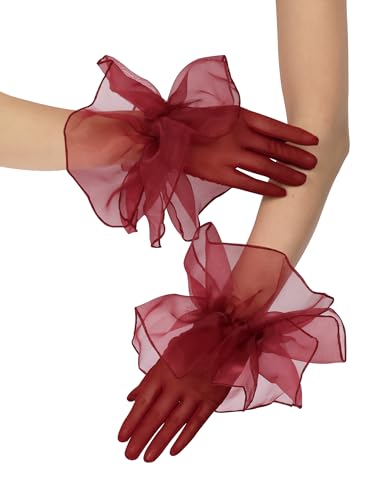 Womens Short Mesh Gloves with Ruffles - Sheer Lace Gloves for 1920s Costume Opera Party & Dance Burgundy
