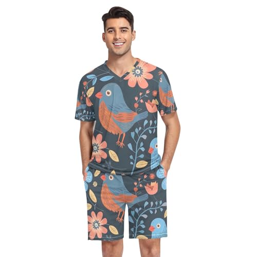 Men's Pajama Set Birds Flowers Print Short Sleeve with Shorts Pockets Sleepwear Set Summer Loungewear