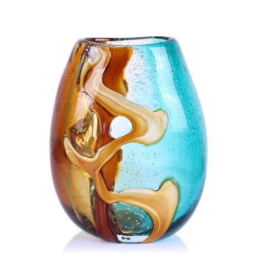 Pretty Hand Blown Glass Vase, Colored Glass Flower Vases Home Decor, Amber and Teal Decorative Murano vase for Living Room Office Bedroom Coastal Table Centerpieces Gift