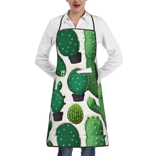 ABYchdd Delantal verde con estampado de cactus con bolsillo, delantal de cocina de poliéster para cocina, restaurante, manualidades