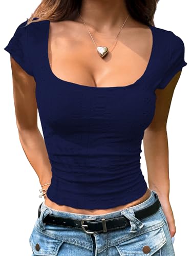 Image of Sugathari Girl's & Women's Beige Eyelet Embroidery Knitted Square Neck Casual Slim Fit Women T-Shirt, Short Sleeve Schiffli Crop Top, Solid Color Tee for Spring /Summer Outfits (Crop Top 195)