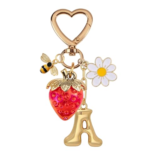 Cute Strawberry Keychains, Bag Charms Purse Keychains for Handbags, Fashion Accessories Gifts Name Keychain(Letter A)