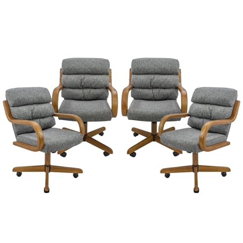 Chromcraft Douglas Set of 4 Casual Dining Chairs Classic Swivel Tilt Dinning Chairs with Casters, Wooden Arm Metal Pedestal Base Chairs with Rolling Wheels for Kitchen & Dining Room