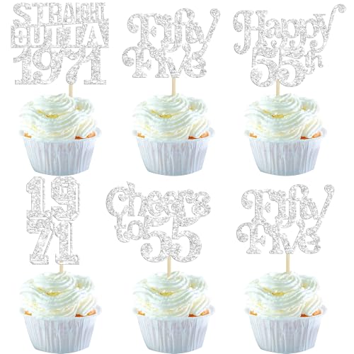 Gyufise 30Pcs Happy 55th Birthday Cupcake Toppers Glitter Fifty Five Straight Outta 1971 Cupcake Picks Cheers to 55 Fabulous Cake Decorations for 55th Birthday Anniversary Party Supplies Silver