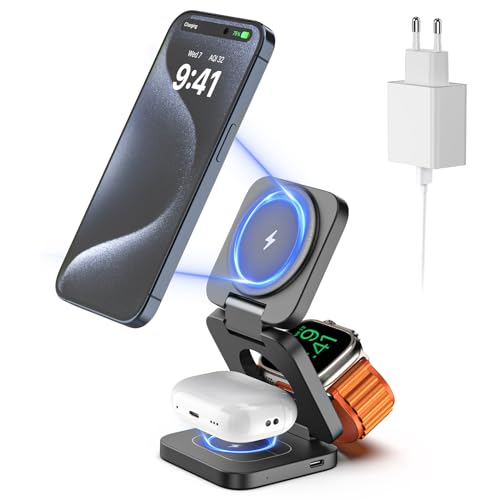KU XIU X55 15W Magnetisches Ladestation für Magsafe Faltbar 3-in-1 Ladestation Reise Ladegerät Ständer für Apple Watch und iPhone 17-12 & AirPods Mit 30W USB-C Netzteil Grau