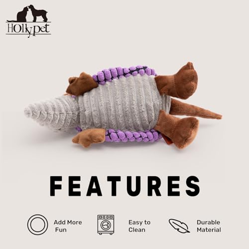 Image of Hollypet Plush Dog Squeaky Toy Stuffed Armadillo Animal Pet Puppy Chew Toys with Clean Teeth for Small Medium Large All Breed Sizes Dogs, Purple, 8 in