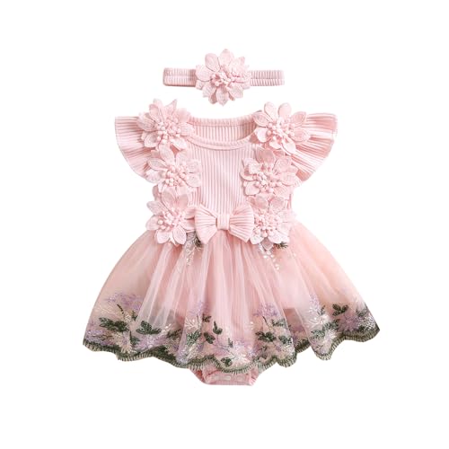 Image of Lshyuehao Baby Girls Rompers Dress Round Neck Floral Embroidery Mesh Skirt Hem Infant Bodysuits Jumpsuits with Headband Baby Girl Clothes (A-Pink, 3-6 Months)