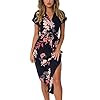 ECOWISH Womens Dresses Summer Casual V-Neck Floral Print Geometric Pattern Belted Dress Black Medium