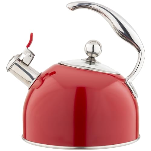 Comparison: Best Kettle For Induction Cooktop 11 Viking 3-Ply Stainless Steel Tea Kettle, 2.6 Quart Stovetop Hot Water Pot with Tempered Glass Lid, Ergonomic Handle, Induction Ready, Red