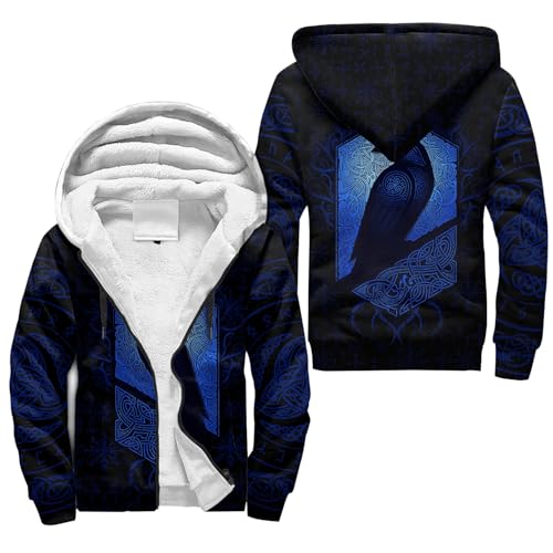 JHBTFQ Nórdico Vikingo Chaqueta para Hombre Cuervo Odín Hugin Munin Impreso en 3D Otoño/Invierno Caliente Sudadera con Cremallera Medieval Regalos,Navy Blue,XL