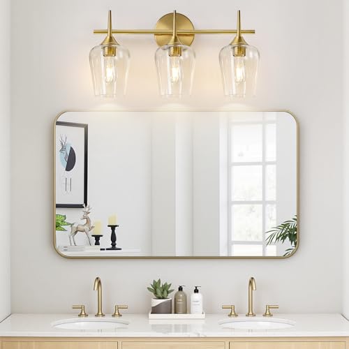 Image of MOKATNG 3-Light Bathroom Light Fixtures, 19.5 Inch Brushed Gold Vanity Lights with Wine-Glass Shape, Bathroom Lights Over Mirror, Modern Wall Lamps for Bedroom Living Room Hallway