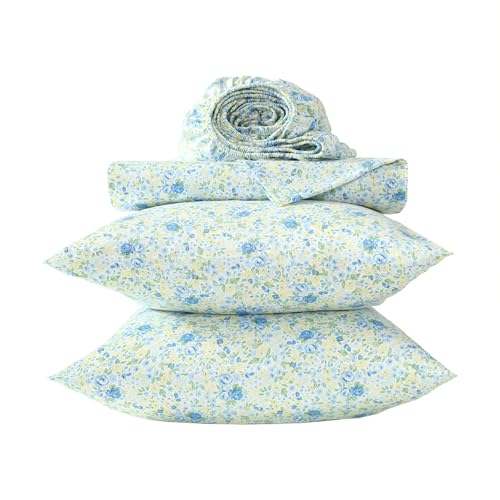 Image of Laura Ashley - Queen Sheet Set, Ultra-Soft Bed Sheets with a Naturally Silky Smooth Cotton Sateen, Deep Pockets, Floral Bedding with Matching Fitted Sheet & Pillowcases (Rownea Blue)