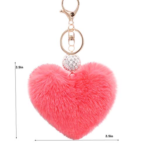 Image of Women's Heart Faux Fur Pom Pom Key Chains Bag Accessory Puffball Keyring Backpack Charms for Girls