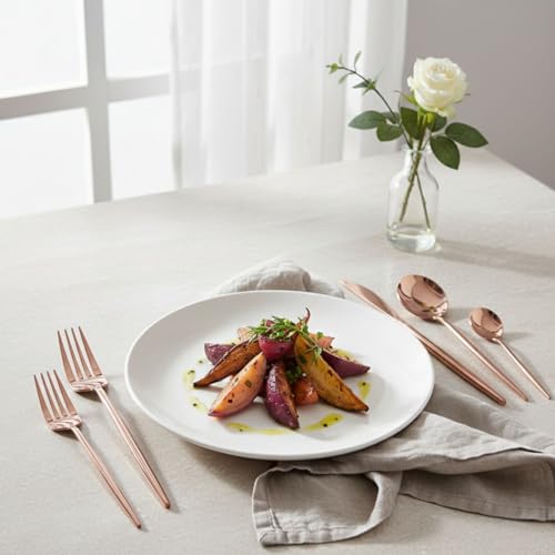 Image of 5 Pcs Rosegold Cutlery Set for Dining Table the Perfect Lightweight Silim Handle Tableware Including Dinner Spoon, Dinner Fork, Dinner Knife, Dessert Spoon & Dessert Fork