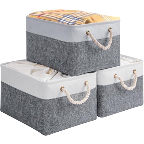 OUTBROS large storage basket, 15.5 x 10.2 x 7.9 inch foldable storage box with handle and drawstring, suitable for towels, clothes (gray/white, small, 3 pack)