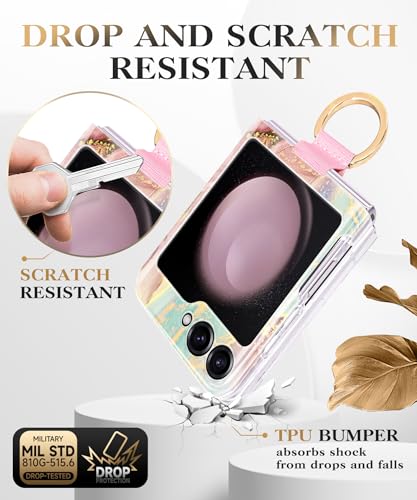 Image of Case for Samsung Galaxy Z Flip 5 Case with Ring, [Precise Camera Protection]+[1*Screen Protector], Wireless Charging Anti-Scratch Shockproof Case for Z Flip 5 5G (Pink Green)