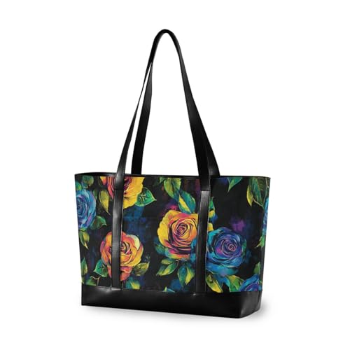 KLL Black Vivid Colorful Roses simple briefcase bag with zipper 14 inch bag Large Handbag for ladies with tablet bolsos secret para mujeres