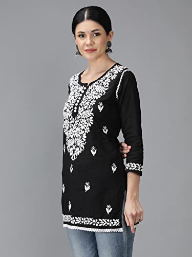 Image of Seva Chikan Hand Embroidered Lucknowi Chikankari Cotton Short Top Tunic for Women SCL9017