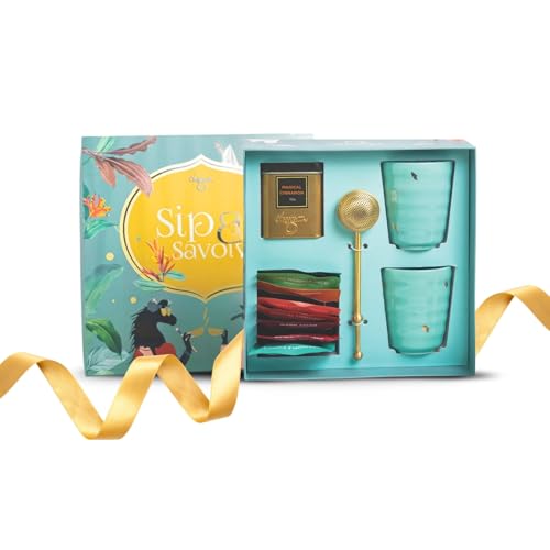 Image of CHAYAM Luxury Tea Gift Set | 10 Assorted Tea Bags, Magical Cinnamon Green Tea, 2 Premium Kulhad Cups & Brass Infuser | Gift Pack for Family and Friends | Anniversary, Wedding, Birthday & Festive Gift Box