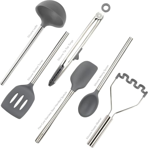 Image of Tovolo Silicone Cooking Utensil Set of 6 Stainless Steel Handle Ladle Slotted Turner Tongs Flex Core Spatula Scraper Mixing Spoon & Potato Masher, Dishwasher Safe BPA Free Utensils, Charcoal Gray