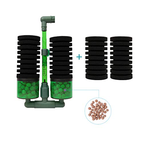 Powkoo Filtro de aire de esponja doble para acuario, viene con 2 esponjas de repuesto, 1 bolsa de bolas de filtro de cerámica orgánica (M) Cover