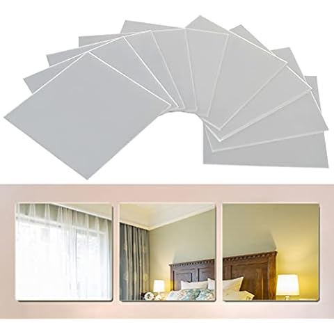 FOCCTS 9 Pcs Mirror Sheets Self Adhesive Non Glass Mirror Tiles Wall Sticky Mirror for Home Decoration 5.9x5.9x0.04inch Cover