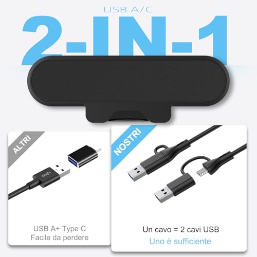 Plyee Audio Altoparlanti per Monitor, Altoparlanti per Computer Desktop PC, Altoparlante USB con Connettore USB A Type C Integrato, Facile da Fissare ai Monitor, 10W (Nero)