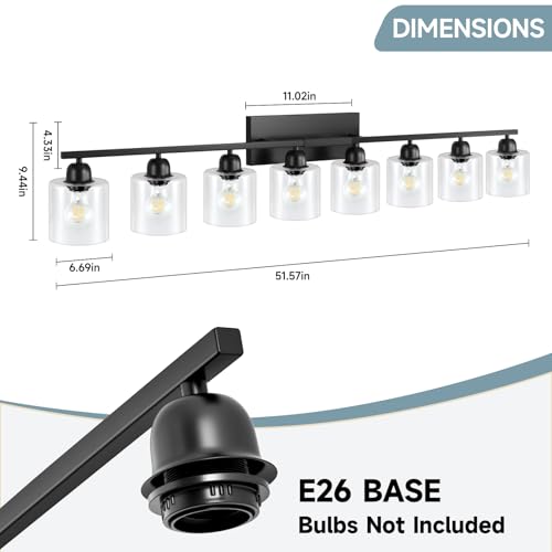 Image of Modern 8 Light Bathroom Light Fixtures, 52 inch Vanity Lights for Bathroom with Clear Glass, Black Bathroom Light Fixture for Mirror Kitchen Living Room Hallway Cabinet Porch