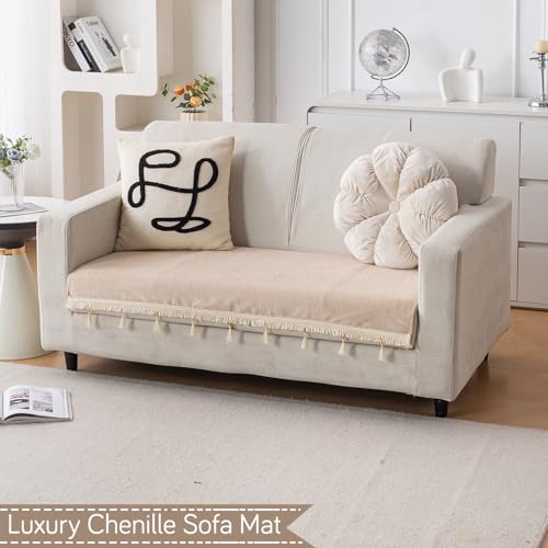 Image of HOKIPO 'Serenity Tassel' Chenille 2 Seater Sofa Cover with Tassel - Ivory Fringe (IN-891-BGE)