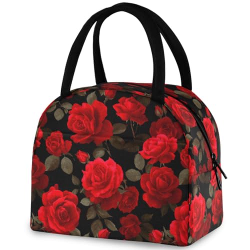 ZzWwR 3d Beautiful Couple Red Rose Flower Reusable Lunch Tote Bag Insulated Thermal Cooler Container Bag for Back to School Work Picnic Travel Fishing Beach