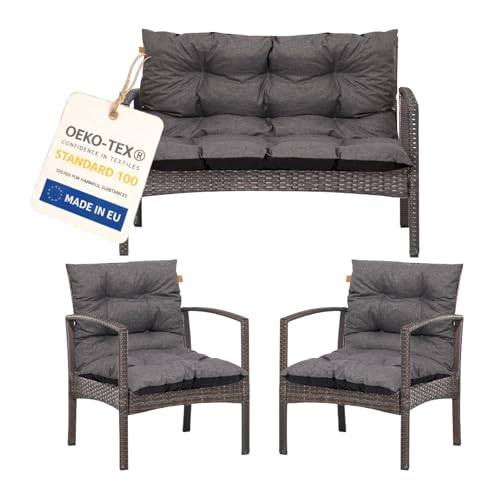 Bielik Gartenkissen Set 3-teilig, Gartenmöbel Polster Set für Rattanmöbel, Bankauflage + 2 Stuhlkissen, Sitzpolster Gartensofa und Gartenstuhl, wasserabweisend Outdoor (dunkelgrau)