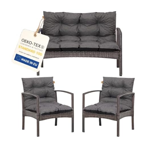 Bielik Gartenkissen Set 3-teilig, Gartenmöbel Polster Set für Rattanmöbel, Bankauflage + 2 Stuhlkissen, Sitzpolster Gartensofa und Gartenstuhl, wasserabweisend Outdoor (dunkelgrau)