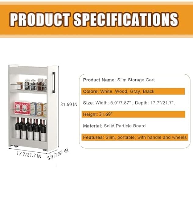 Slim Rolling Cart, Narrow Spice Racks with Handle and Wheels, Wood Storage Cabinet, Save Space, Rolling Utility Cart for Kitchen, Laundry(Wood,D 17.72 x H 31.69 x W 5.91 in)-ocEueuf6