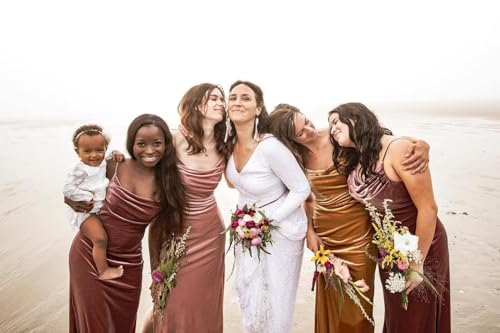 UZN Cowl Neck Velvet Bridesmaid Dresses Long for Women with Slit Spaghetti Straps Formal Party Gowns4