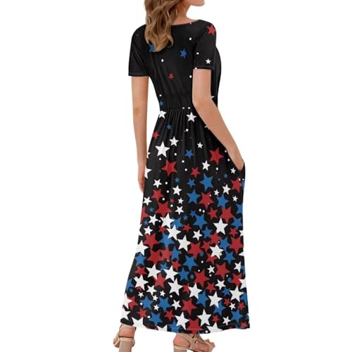 Image of Women's Fall Summer Short Sleeve Ankle Length V-Neck Party Dress with Pockets Size S-3XL