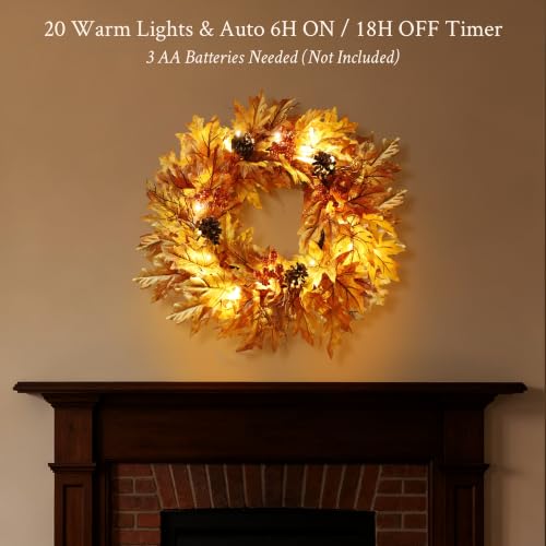 Image of 24in Pre-lit Fall Wreaths for Front Door with 20 Lights & Timer