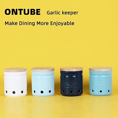Large Garlic Keeper With Wooden Lid, Ceramic Garlic Holder Storage, Garlic Container For Kitchen, Garlic Saver To Keep Your Garlic Cloves Fresh Longer 4.5-Inch, Navy #TOP5
