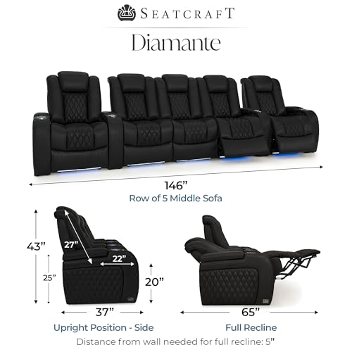Image of Seatcraft Diamante Black Italian Leather Home Theater Seating, Zero Gravity Power Recliner Gaming and Home Office Chair, Powered Headrest Lounge Sofa Furniture for Cinema Room, Row of 5 Sofa
