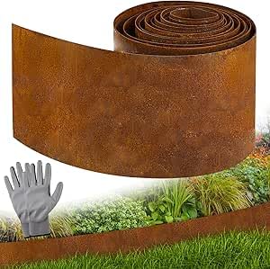 Rasenkante aus Cortenstahl 5m x 20cm, Beeteinfassung aus Metall mit Rostoptik, Flexible Rasenkantenband Inklusive 1 Paar Handschuhe, zur Eingrenzung von Blumenbeeten, Gartenwegen, Rasen, Bäumen