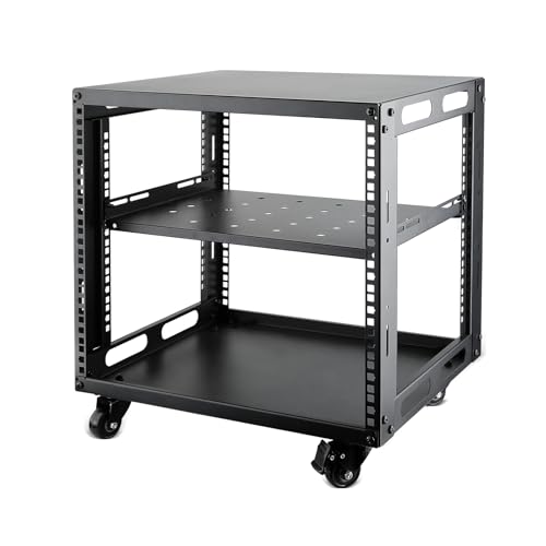 9U Open Frame Server Rack with Wheels Free Standing Network Server Rack for Servers & AV Gear Black